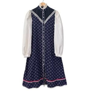 Gunne Sax Vintage 70s Midi Dress 11 Prairie Cottagecore Corduroy Milkmaid Pocket